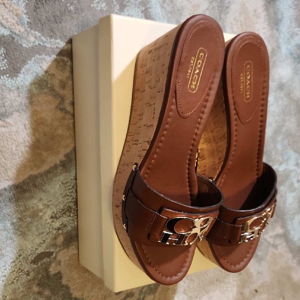 Coach Brown Leather Logo Cork Wedge Slide Sandals with Gold Hardware - Picture 9 of 10